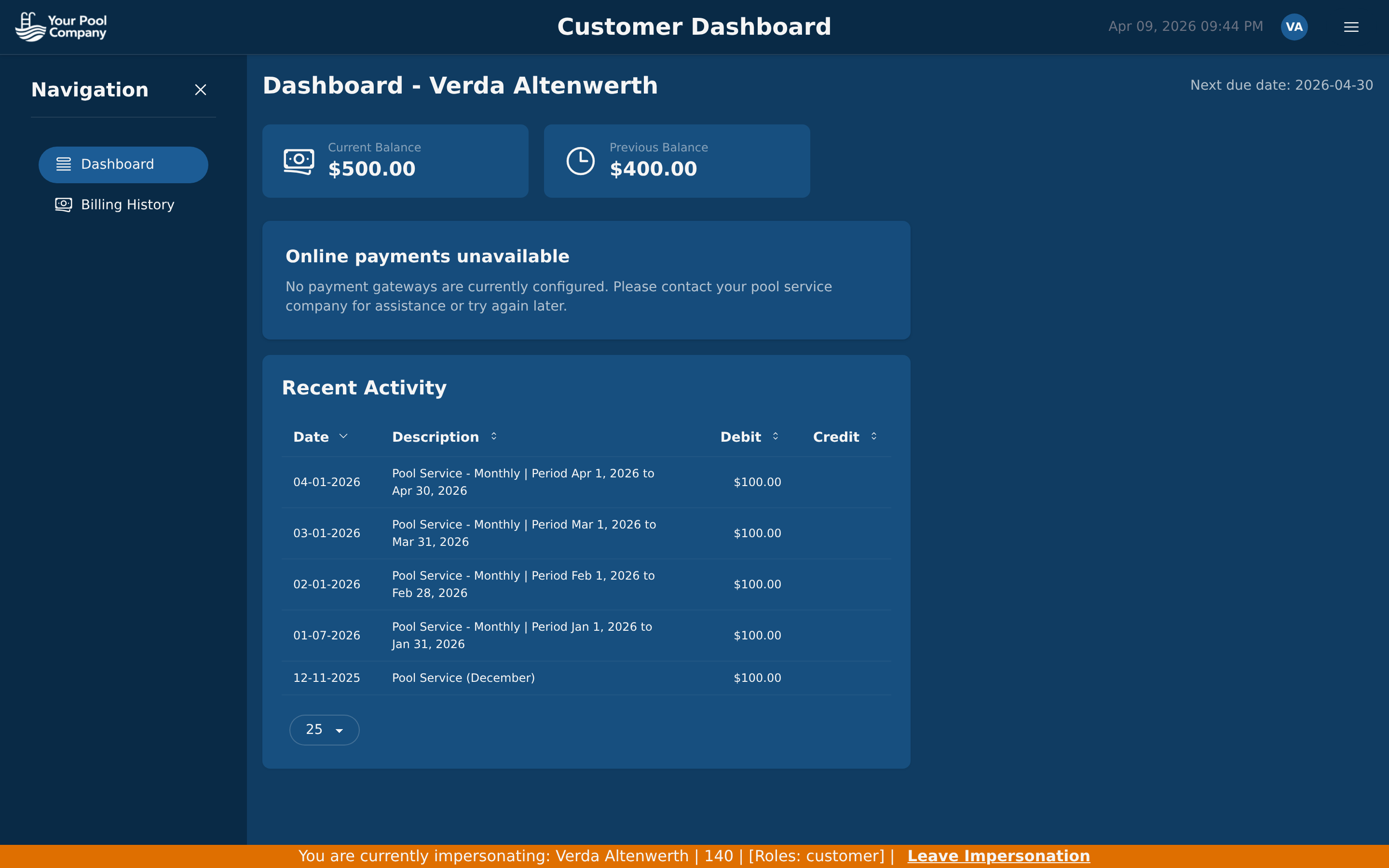 Customer portal dashboard with balance, recent activity, and payment options