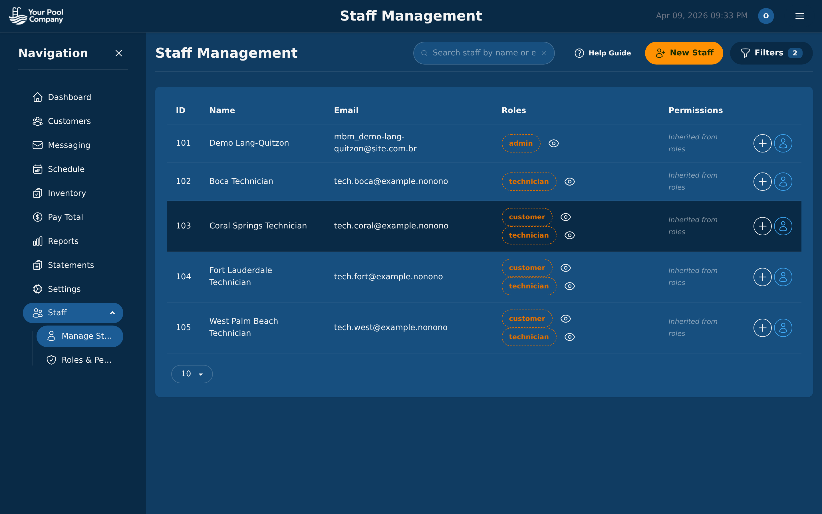 EZ Pool Biller staff management screen showing team members with roles and impersonate buttons