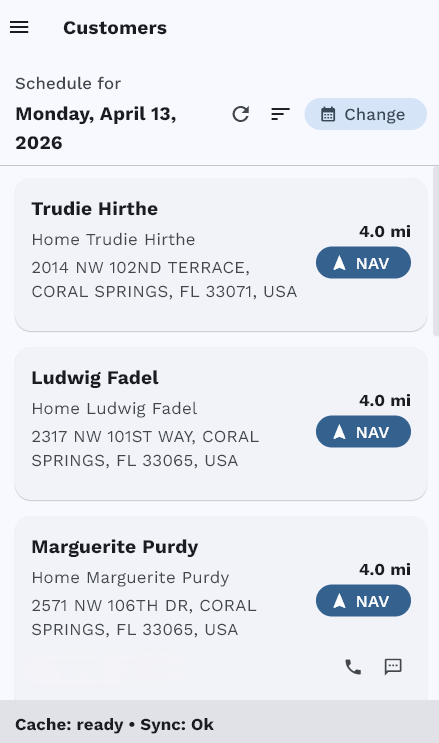 EZ Pool Biller mobile app daily schedule with customer stops and navigation