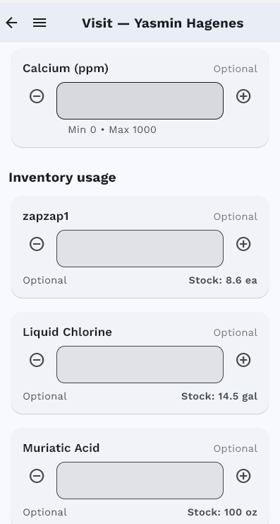 Mobile app inventory usage with chemical stock levels