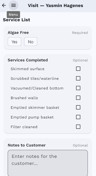 Service checklist completion