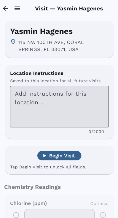 Visit start screen with Begin Visit button