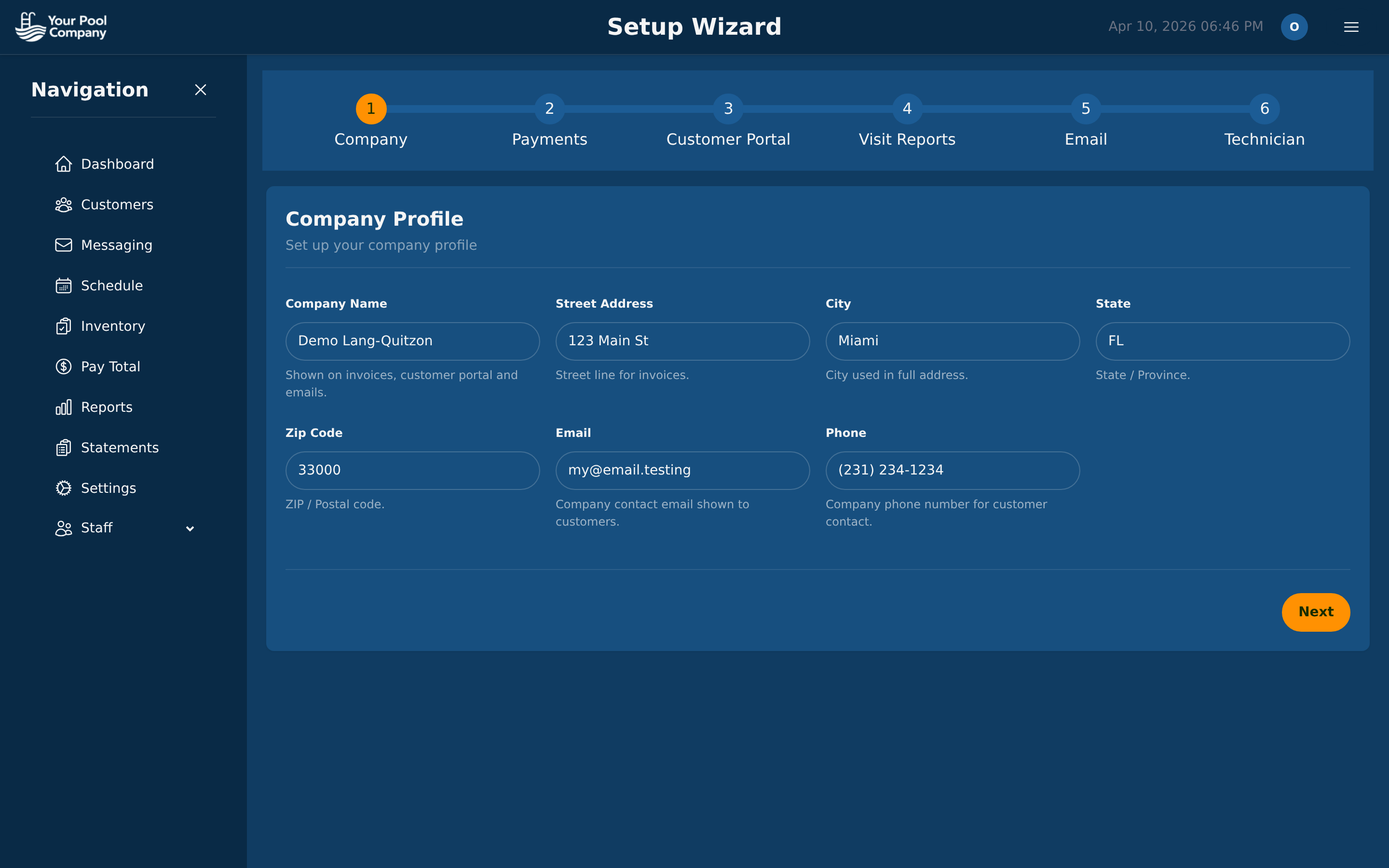Setup Wizard step 1: Company Profile with name, address, email, phone