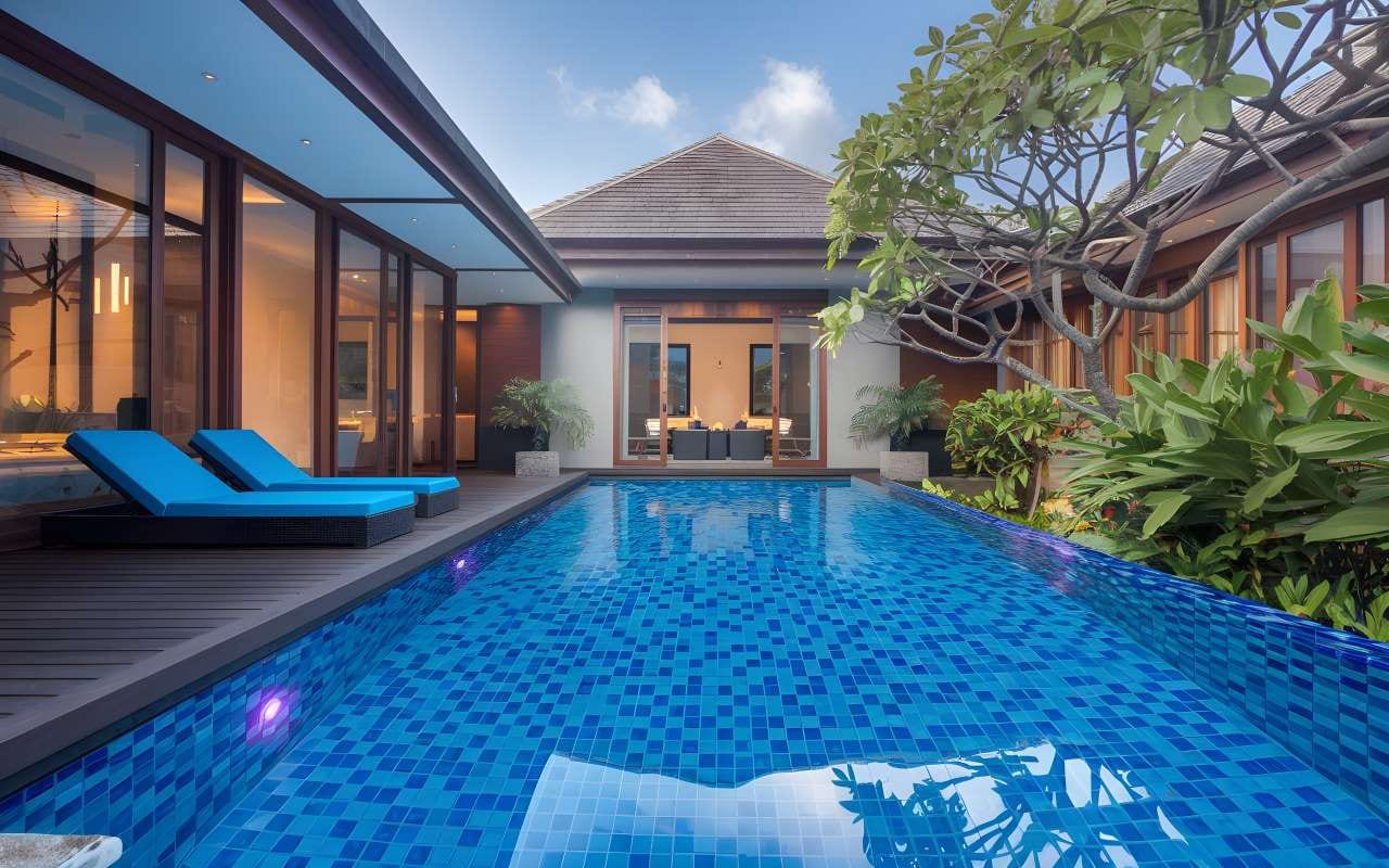 Modern Australian home backyard with luxury tiled pool and outdoor living area