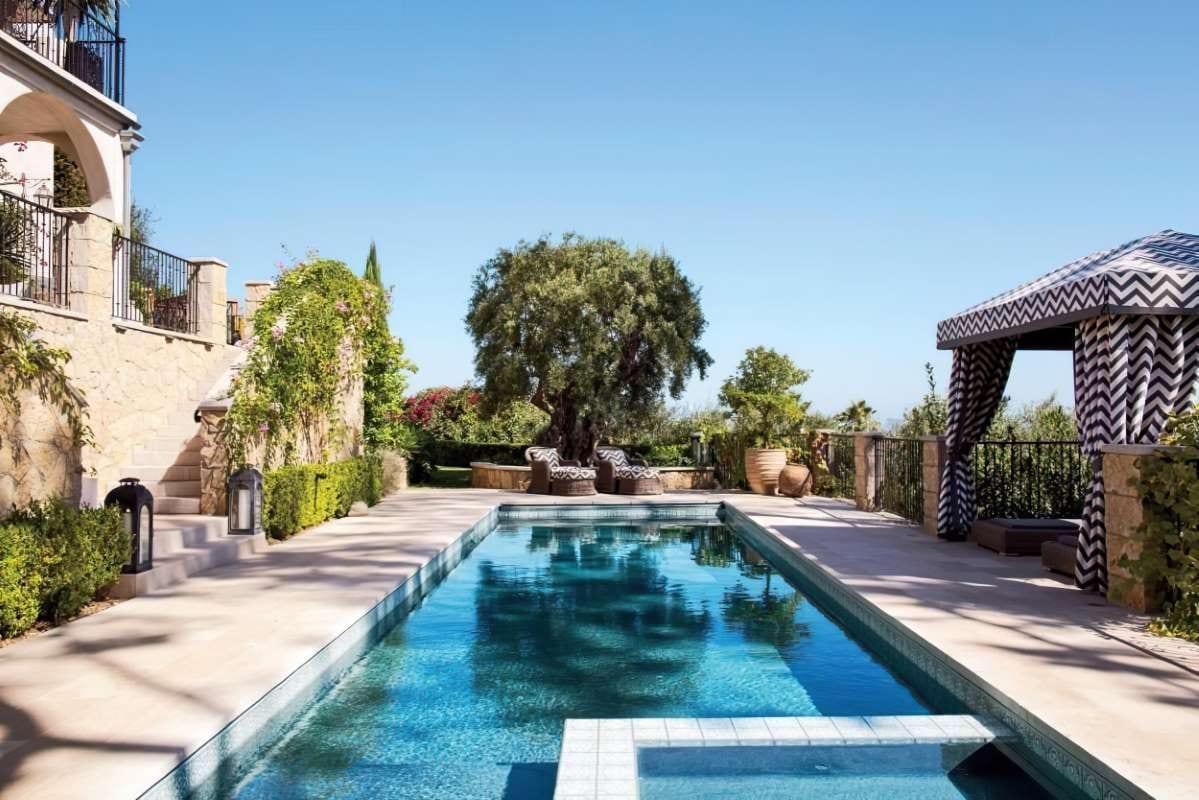 Backyard pool with house and trees in the background