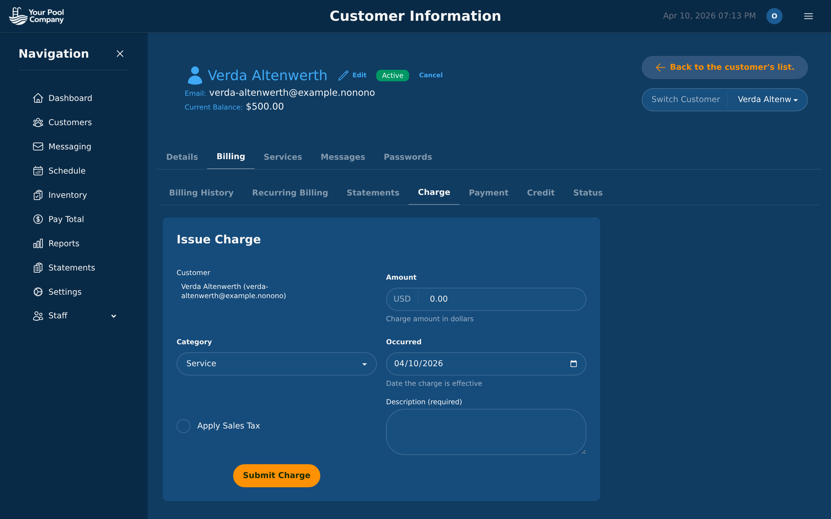 EZ Pool Biller payment recording form