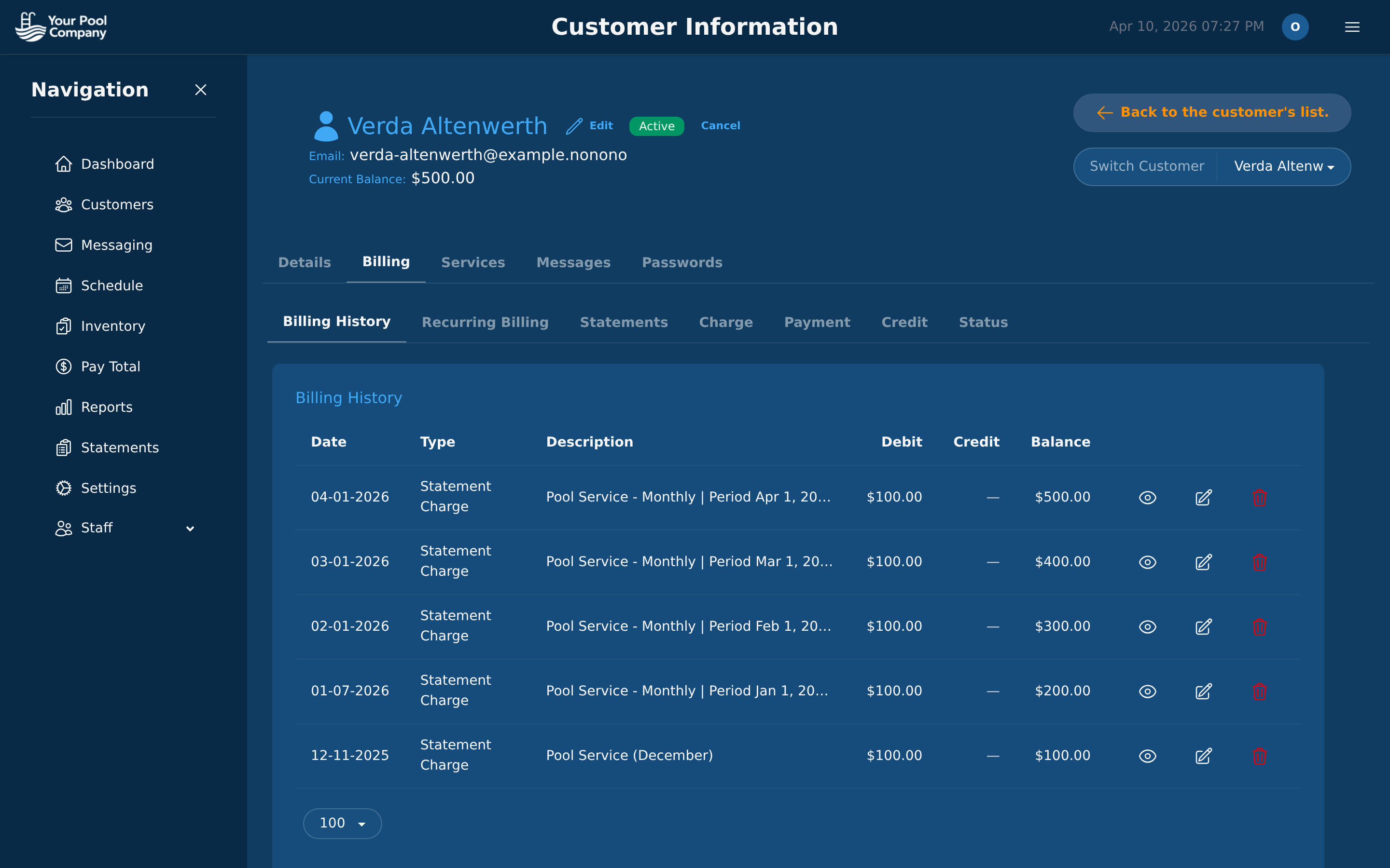 EZ Pool Biller billing history with AutoPay transactions