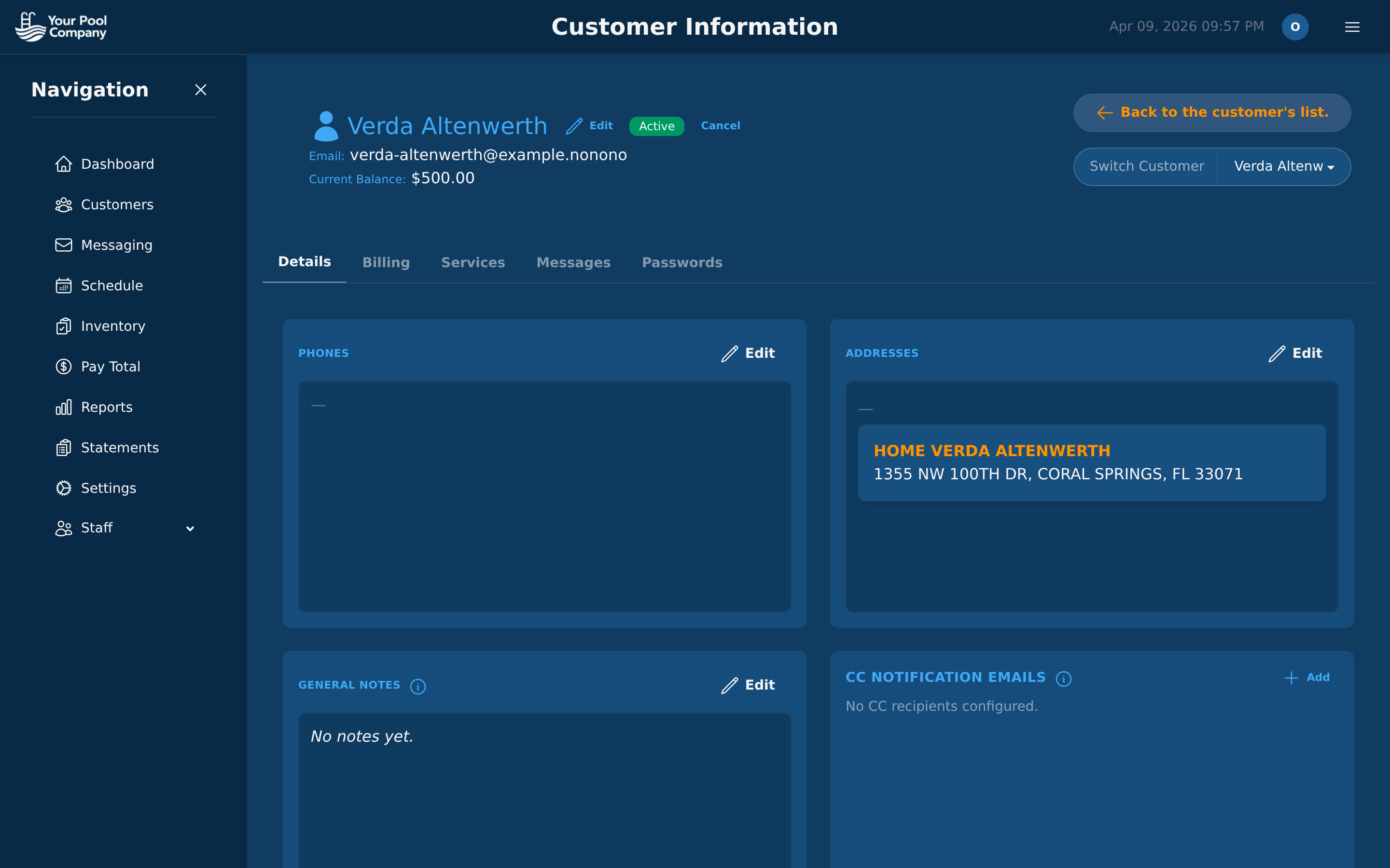 Customer information page with billing, services, and contact details