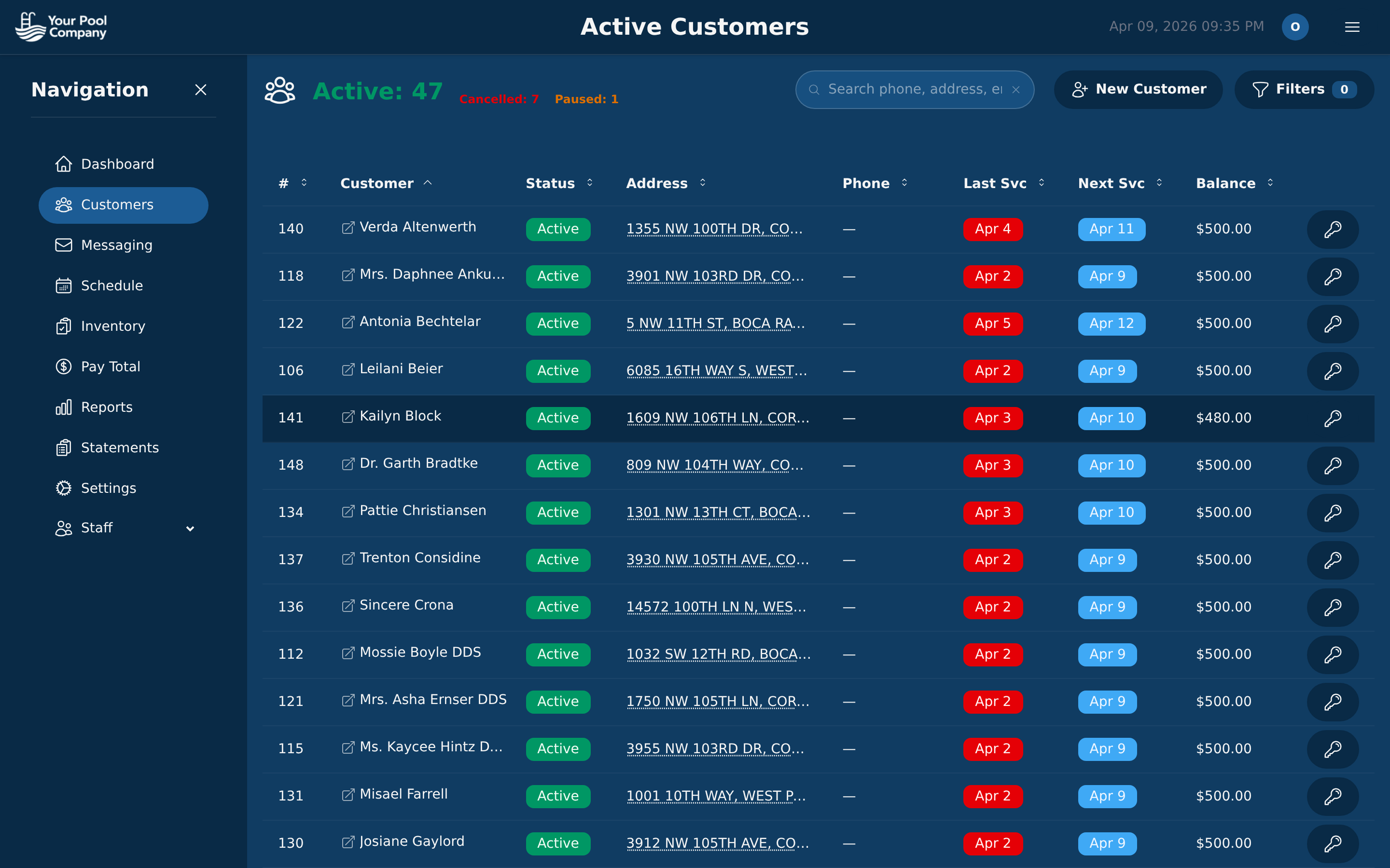 EZ Pool Biller customer management dashboard