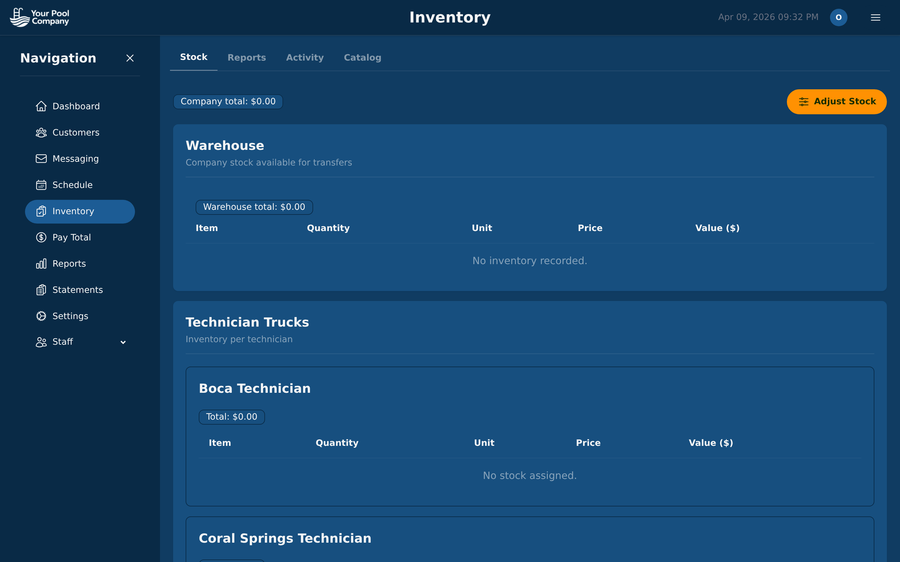 Inventory management with stock levels and chemical tracking