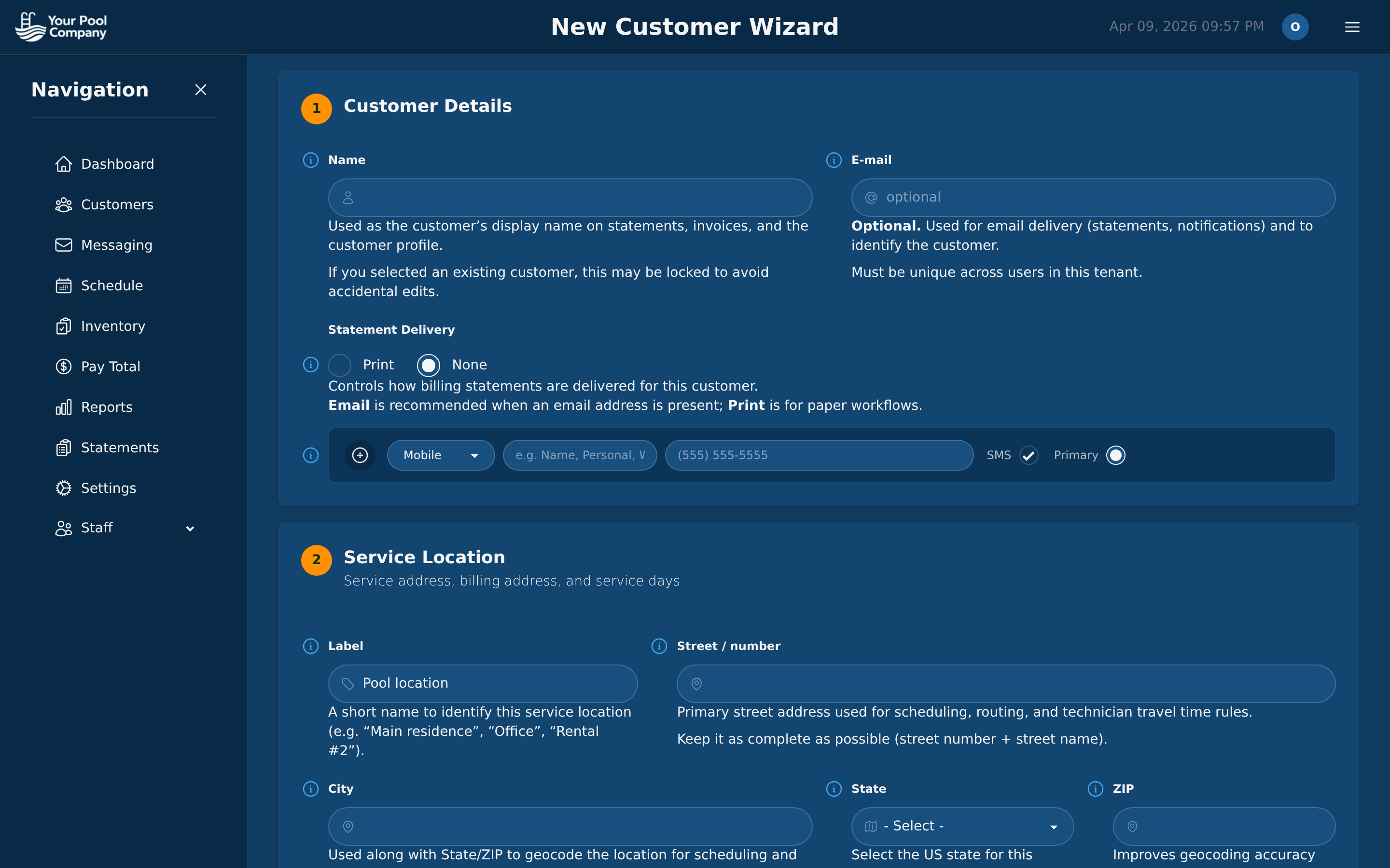 EZ Pool Biller customer account with payment status