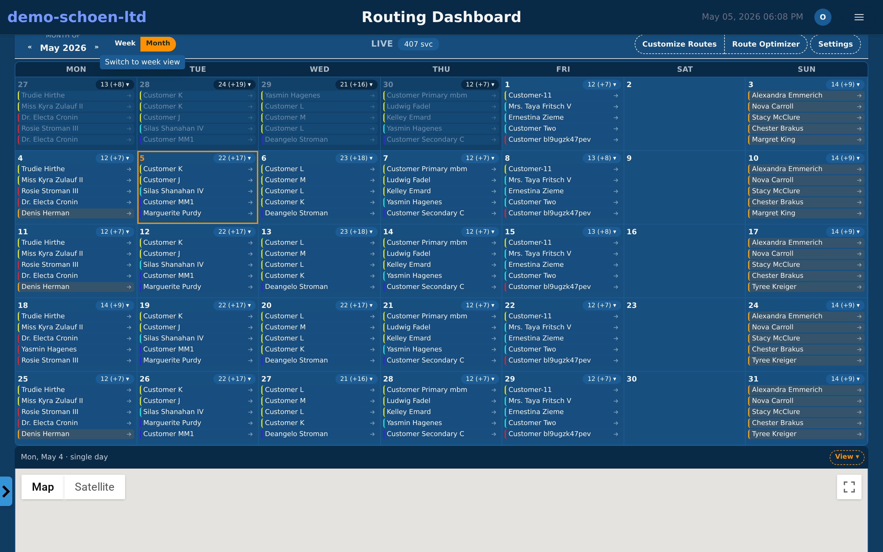 Routing dashboard month view with per-day technician assignments across the calendar