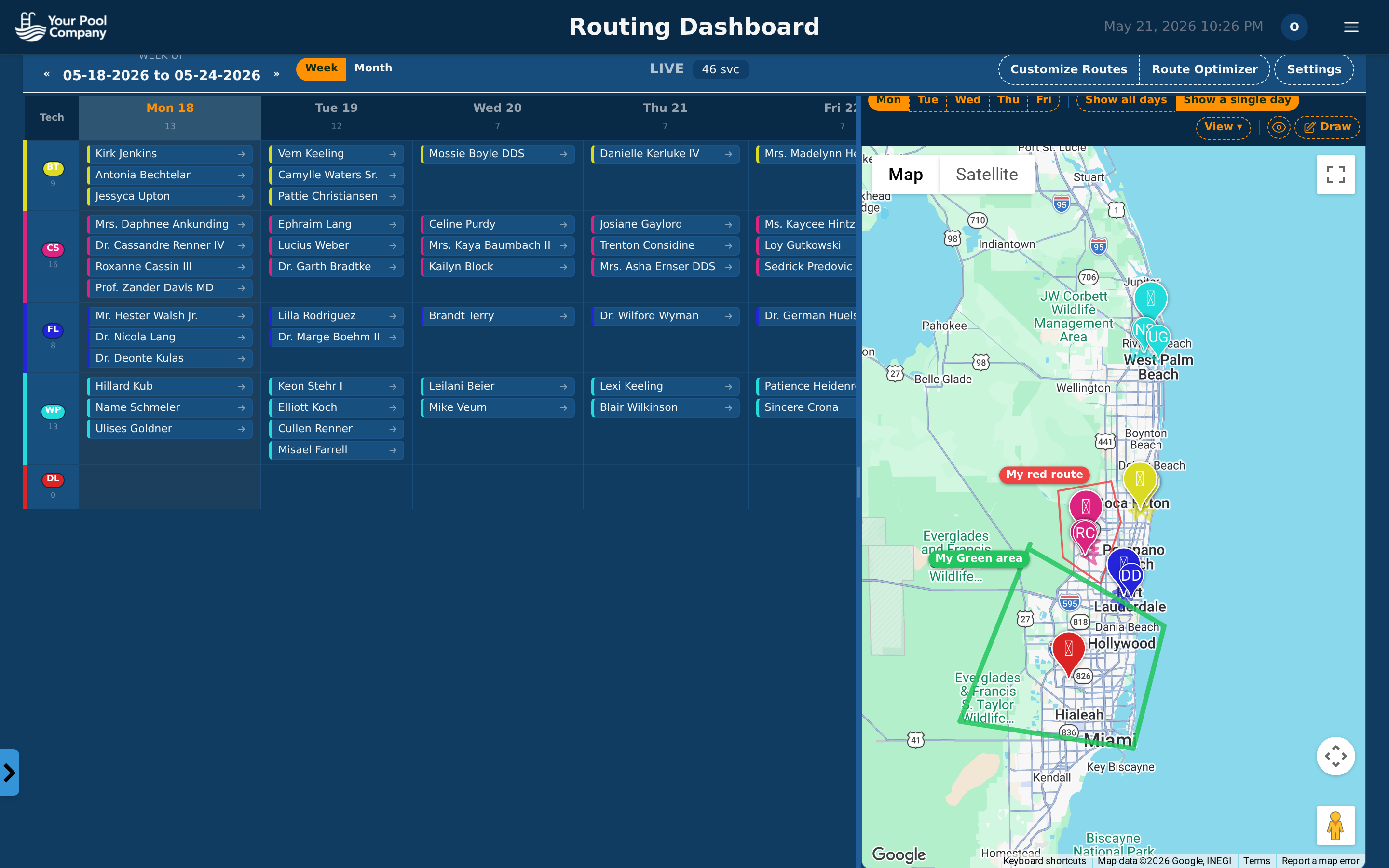 Routing dashboard with weekly calendar and interactive map