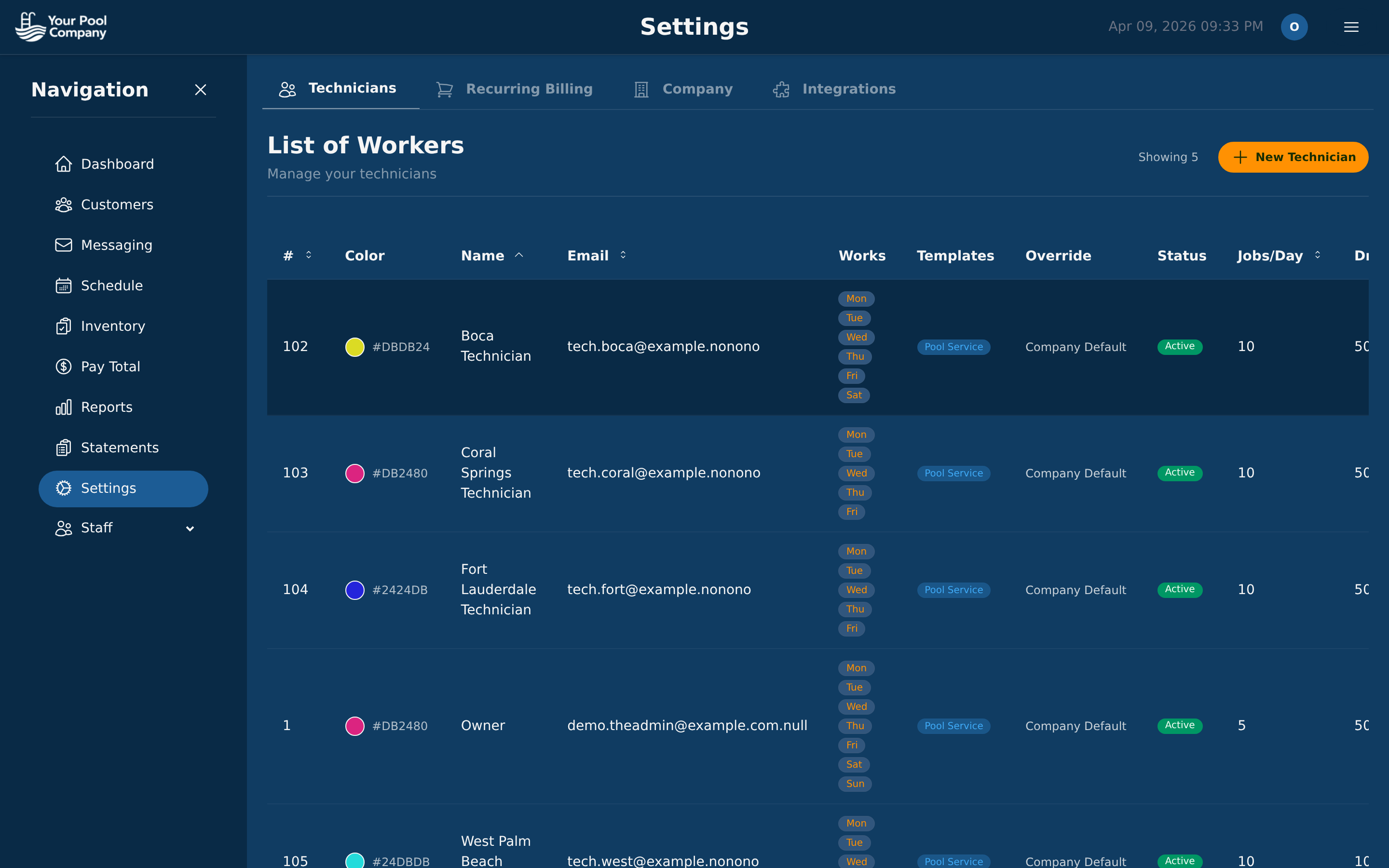 EZ Pool Biller settings page with Integrations tab showing QuickBooks Connection and Export options