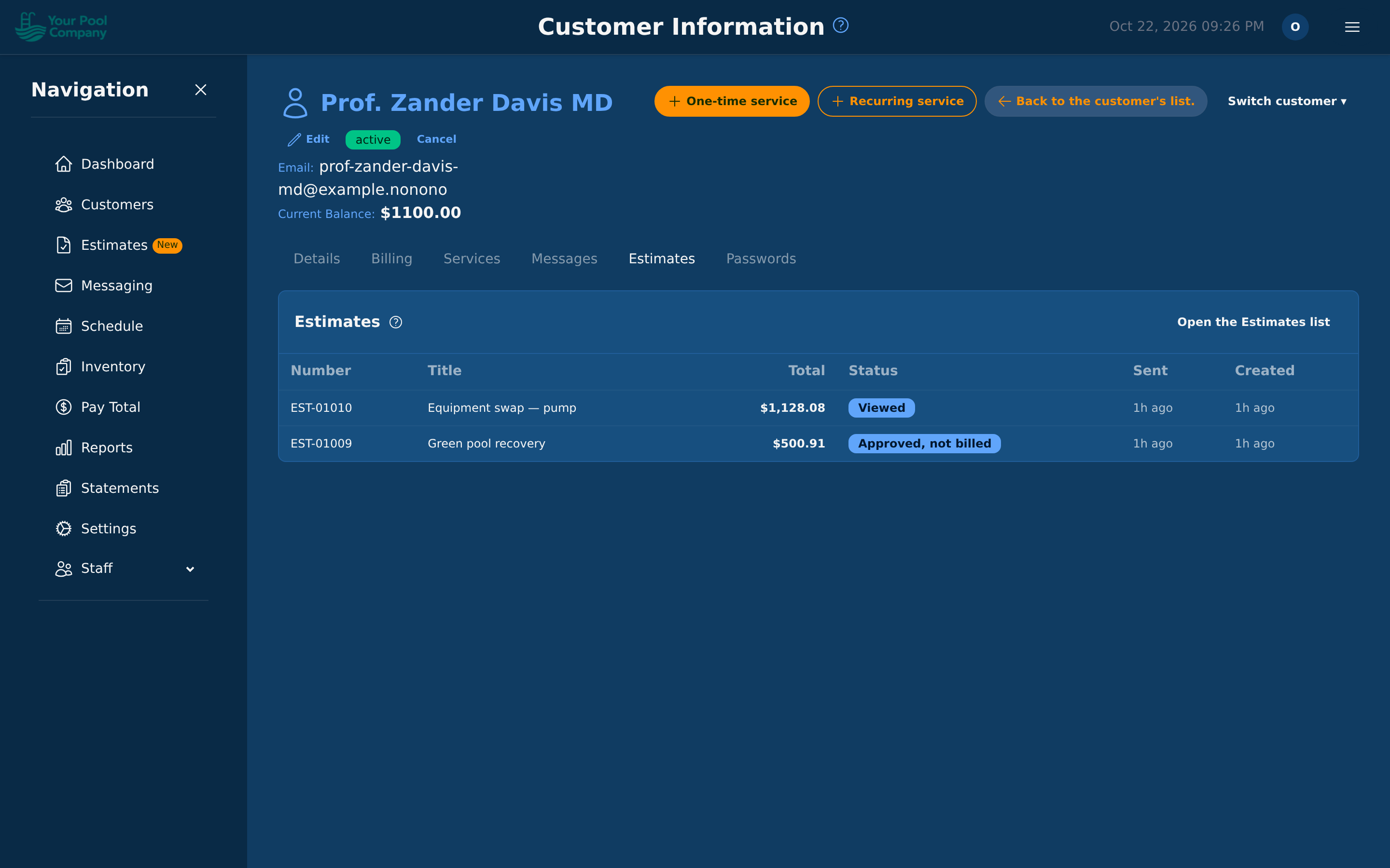 The Estimates tab of a customer's page The Estimates tab of a customer's page