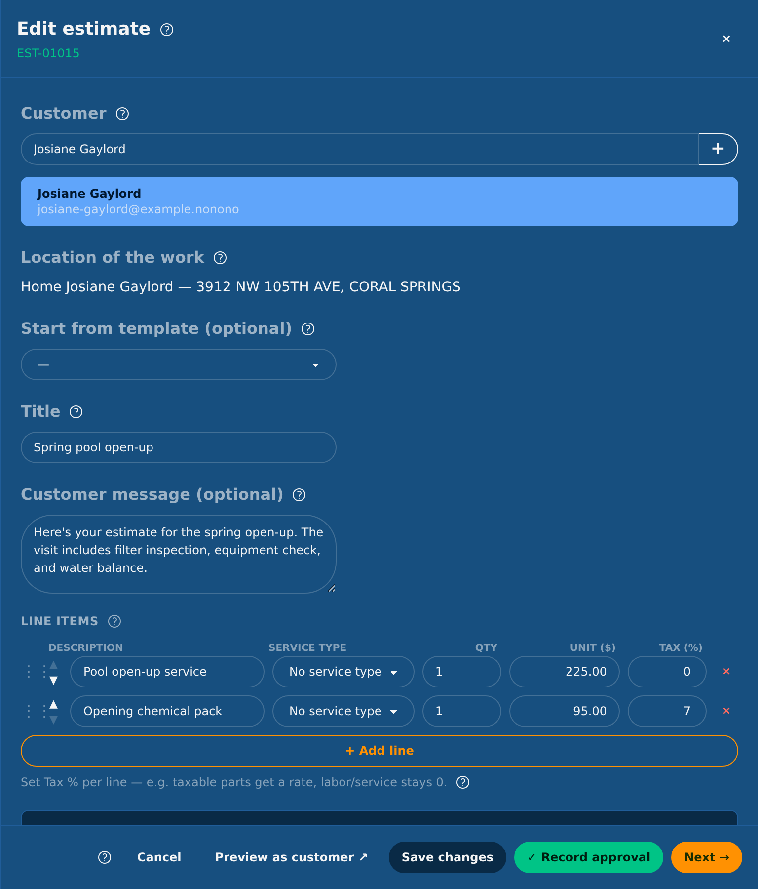 The estimate builder: the customer, the title and message, and the lines with their tax The estimate builder: the customer, the title and message, and the lines with their tax