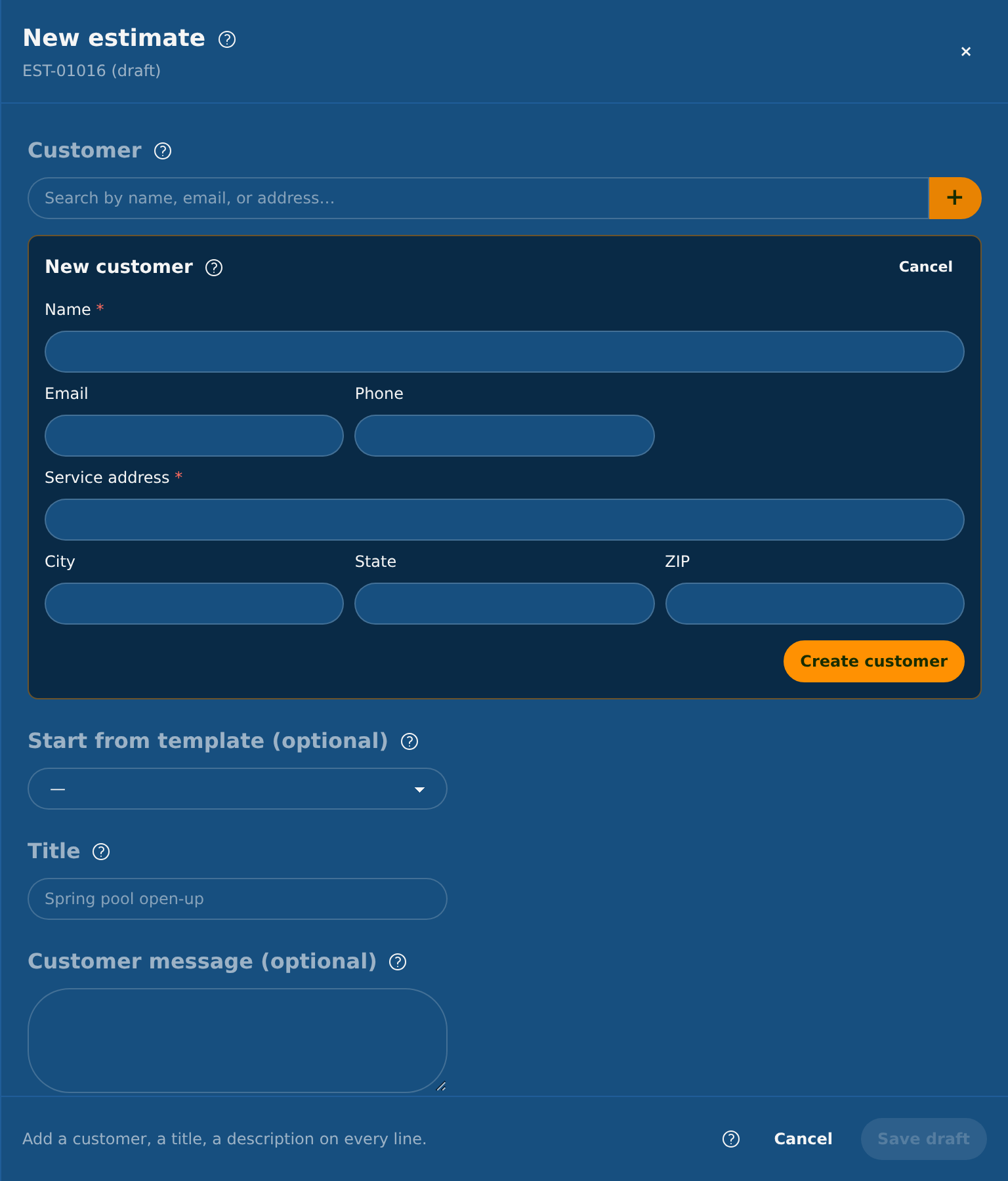 The New customer form, opened with the + button beside the Customer field The New customer form, opened with the + button beside the Customer field