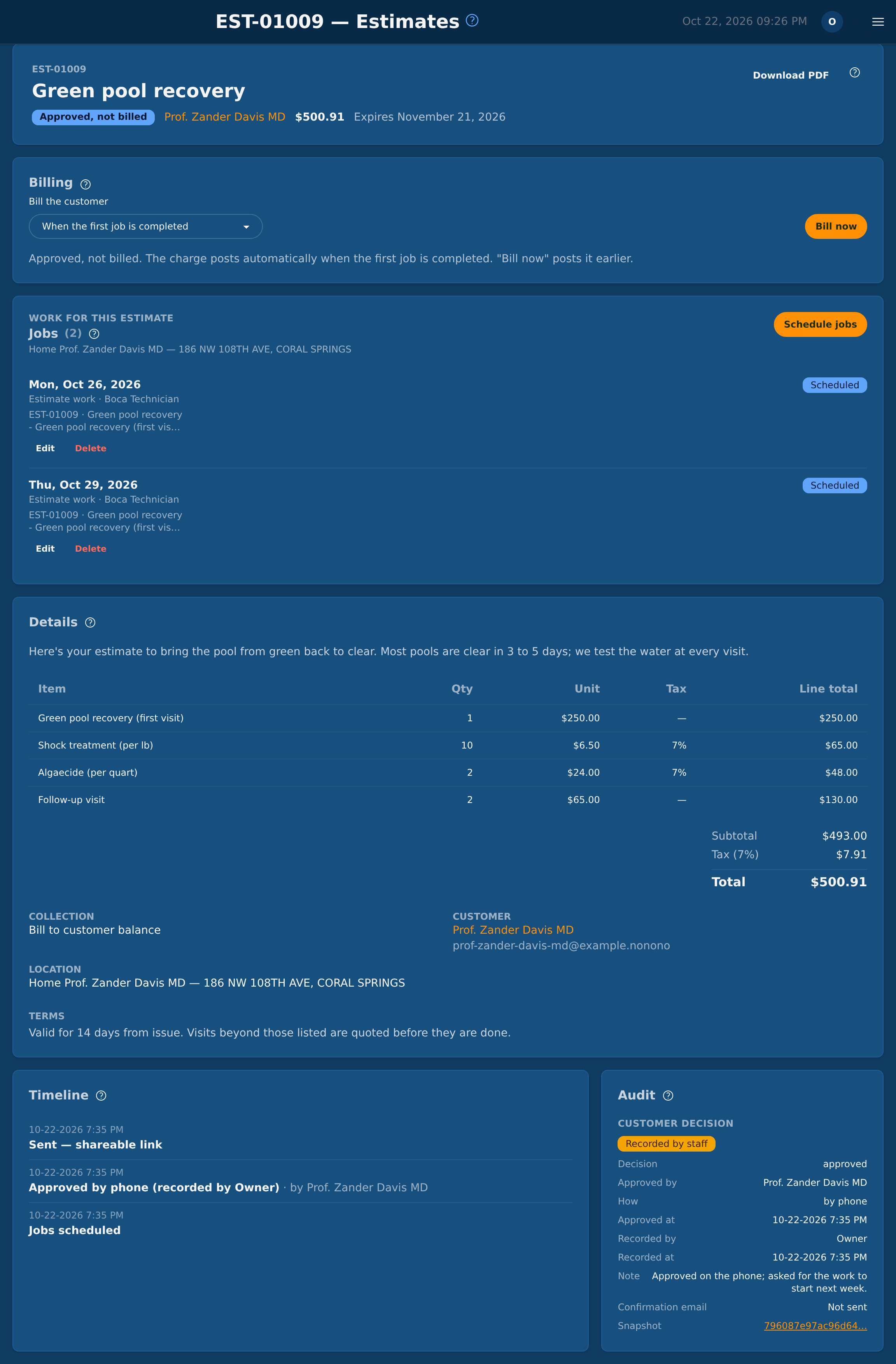 An approved estimate: the Billing card, its jobs, the details, the timeline and the audit An approved estimate: the Billing card, its jobs, the details, the timeline and the audit