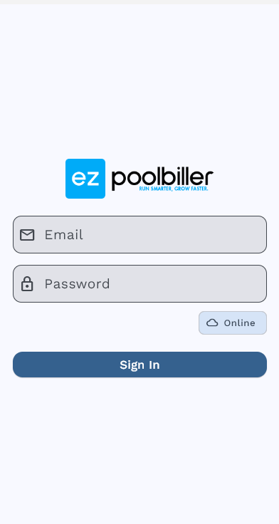 The login screen on the EZ Pool Biller app